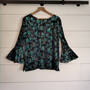 Y2K Women Sz M Velvet Burnout Top Dark Whimsigoth Fairy Black Green Boho Artsy